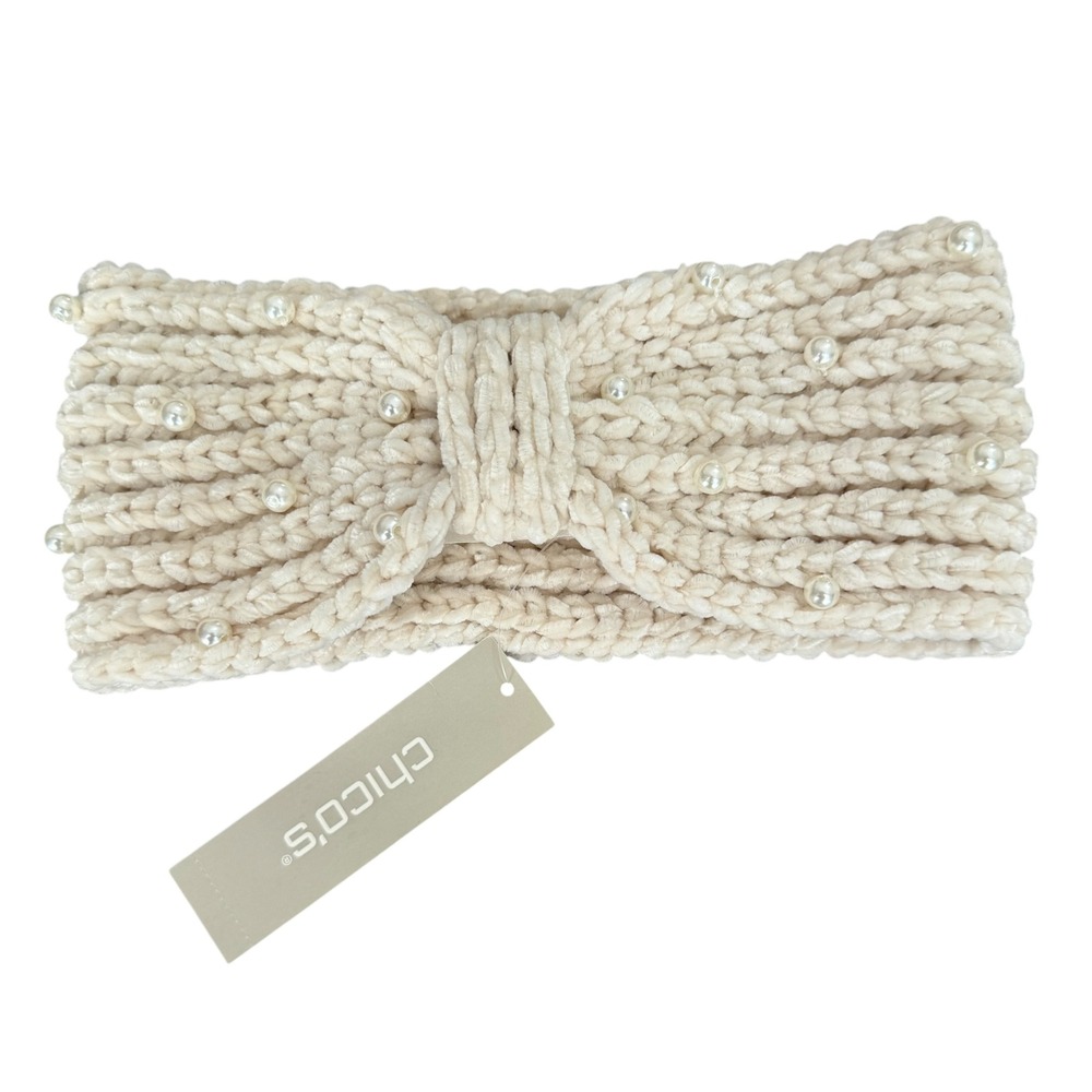 Chicos NWT Cozy Headband Ecru Pearl Embellished Knitted Bow Warm‎ Winter